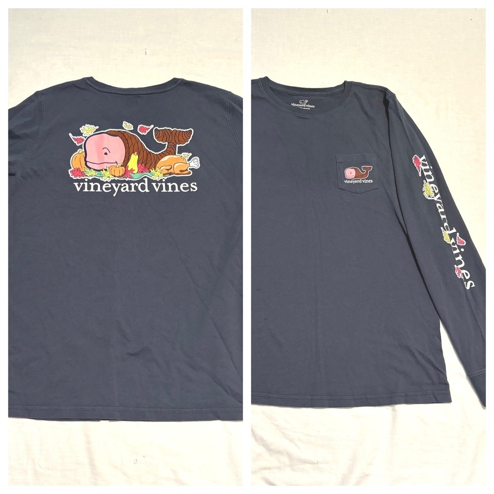 Vineyard Vines Shirt Kids Thanksgiving Cornucopia Size M Navy Blue Long Sleeve